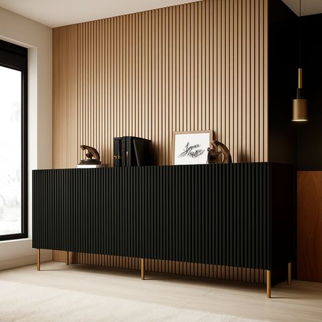 Londa Sideboard, Wohnzimmer-Sideboard mit vier Flügeltüren, vom Boden abgehoben, 200x42 h82 cm, Schwarz (1/5)