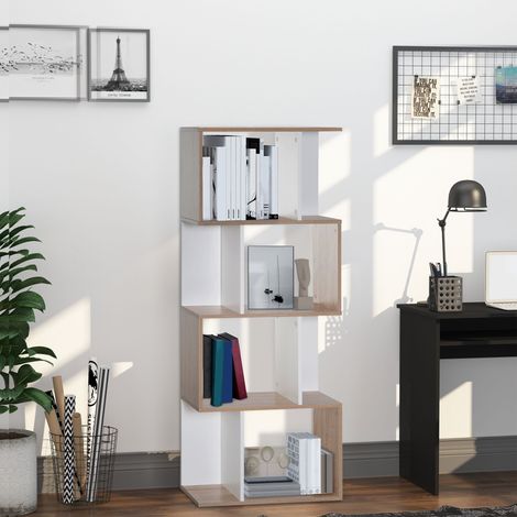 Bibliothèque à 4 niveaux, meuble de rangement en forme de S avec étagères, étagère de rangement pour salon, chambre bureau, 60 x 24 x 148 cm, bois naturel et blanc (1/5)
