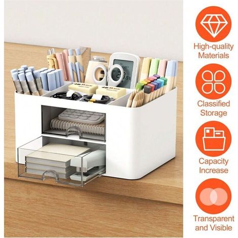 Desk organizer, pen holder for office with 5 compartments and 2 drawers, multifunctional plastic pen organizer for office, office accessory storage for home, eco-friendly (1/4)