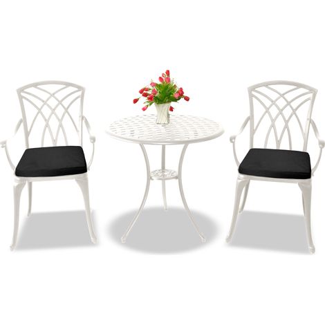 Centurion Supports OSHOWA Luxurious Garden & Patio Table & 2 Large Chairs with Armrests Cast Aluminium Bistro Set - White with Black Cushions (1/5)