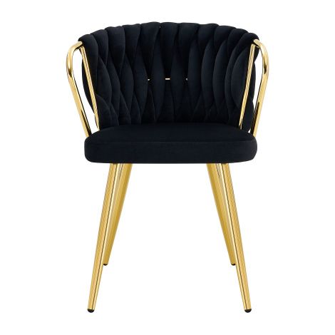 Esszimmerstuhl mit Samtbezug, Moderner Polsterstuhl mit Geflochtenem Rückenlehne & Goldenen Metallbeinen, Ergonomischer Sessel für Esszimmer, Wohnzimmer & Küche, Schwarz-Gold