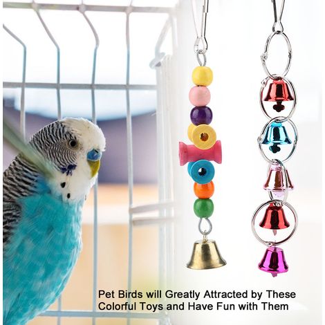 Ensemble de 6 balançoires colorées en bois et métal pour oiseaux de compagnie, avec clochettes et jouets suspendus pour cage à perroquets. (1/5)