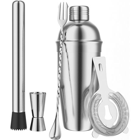 Set de cóctel, 5 unidades, 70 cl, coctelera, jigger, colador, mortero, acero inoxidable (1/4)