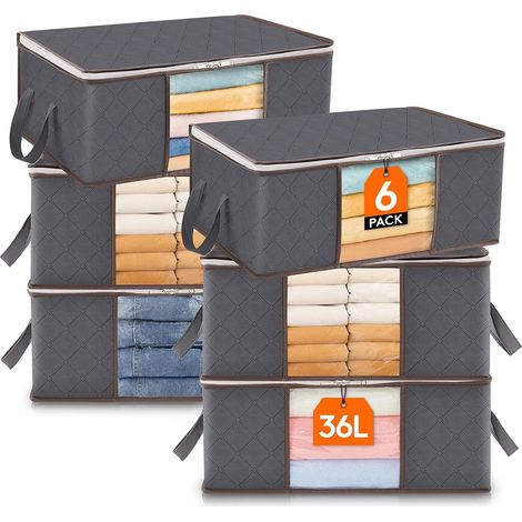 Sac de Rangement Vetement, Boite Rangement Pliable, Rangement Sous Lit, Housse Rangement Couette pour Vêtements, Couvertures, Demenagement, Gris, 36 L, Lot de 6