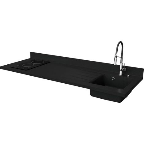 Plan de travail monobloc PlaniQuartz avec évier - 180 cm - Nero - évier à droite - Plaque de cuisson Vitrocéramique