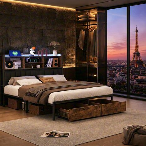 Lit enfant 140x200 cm en similicuir gris, LED, ports USB, 2 tiroirs de rangement discret (1/5)