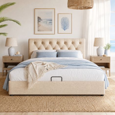 Letto imbottito 160x200 cm con testiera regolabile, metallo e lino, vano contenitore (1/5)
