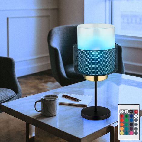 Tischleuchte Glasschirm satiniert Tischlampe Retro Beistellleuchte Gitter schwarz, gold, Fernbedienung dimmbar, 1x RGB LED 4,8W 470Lm warmweiß, DxH 18x40 cm