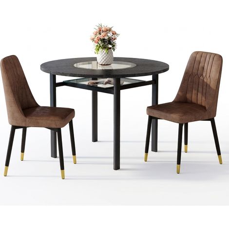 Ensemble table ronde 60 cm avec 2 chaises, plateau MDF effet noyer, piètement doré et assises noires rembourrées (1/5)
