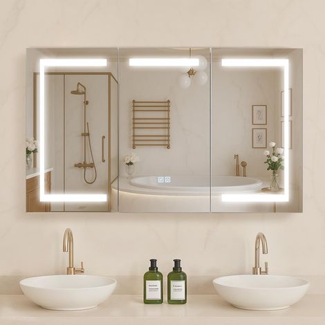 Armoire Murale Salle de Bain 100x60 cm, Armoire de Toilette avec Miroir en Verre Trempé et LED 3 Couleurs à Intensité Variable, avec Fonction Mémoire, 2 Étagères Réglables, Prises et Ports USB (1/5)