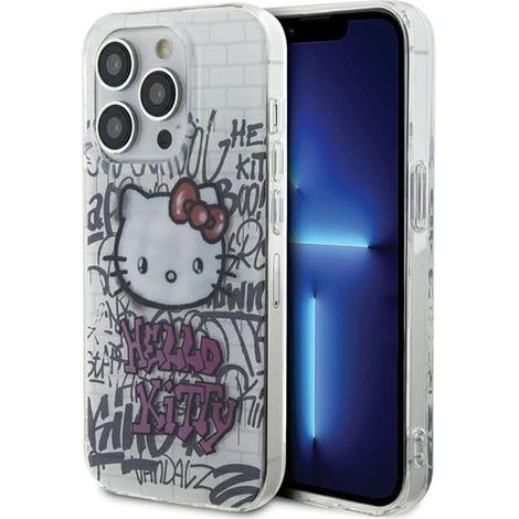 Coque rigide Hello Kitty HKHCP15XHDGPHT pour iPhone 15 Pro Max 6,7 pouces, blanche, motif graffiti IML Kitty sur briques