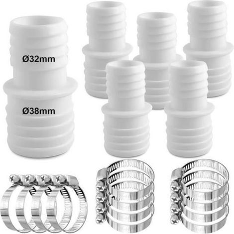 6 pièces - Raccords de tuyau - Ø 32 mm à Ø 38 mm - 12 colliers de serrage - Tuyau de piscine - Adaptateur - Embout double - Blanc (1/5)