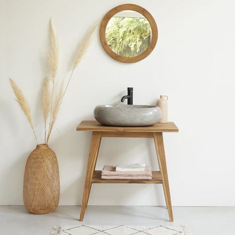 Berah Getah – Meuble sous vasque simple en teck brut 80 cm – Hauteur 76 cm – Anti humidité – Étagère pratique pour rangement – Collection SARA (1/4)