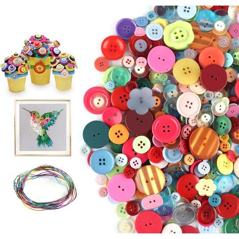 Artisanat Bouton Rond - 1200 Boutons Colorés en Résine Avec 10 Fils pour Couture, Décoration, Projets Faits à la Main, Peinture Manuelle - 2 et 4 Trous