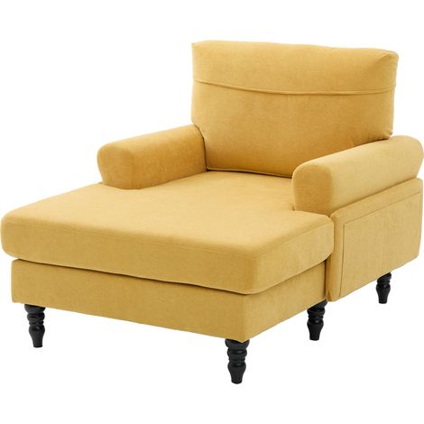 Fauteuil chaise longue moderne minimaliste en tissu chenille / fauteuil simple pour salon et chambre, pieds en bois, dossier et accoudoirs confortables, poches latérales de rangement (chenille jaune m (1/5)