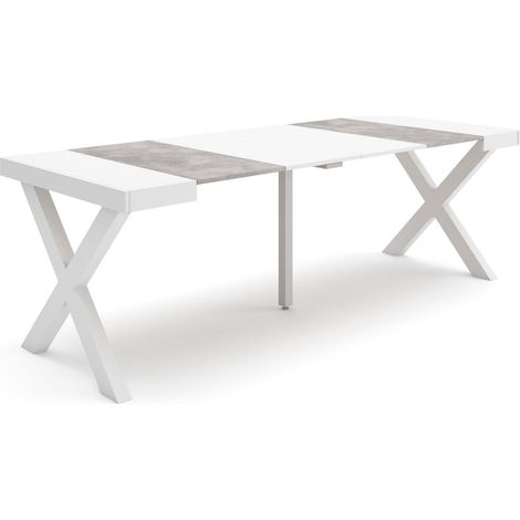 Skraut Home - Table console extensible, Console meuble, 220, Pour 10 personnes, Pieds bois massif, Style moderne, Blanc et Gris Ciment (1/5)