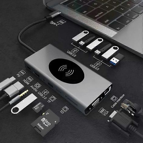 Hub USB-C 15 en 1 - HDMI, VGA, 7 ports USB, SD/TF, RJ45, PD - (1/5)