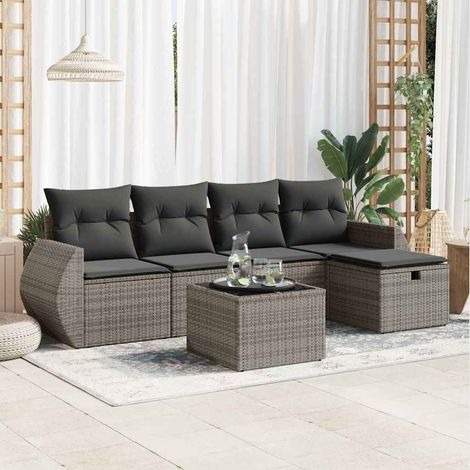 Set de muebles de jardín 6 pzas y cojines ratán sintético gris vidaXL (1/5)