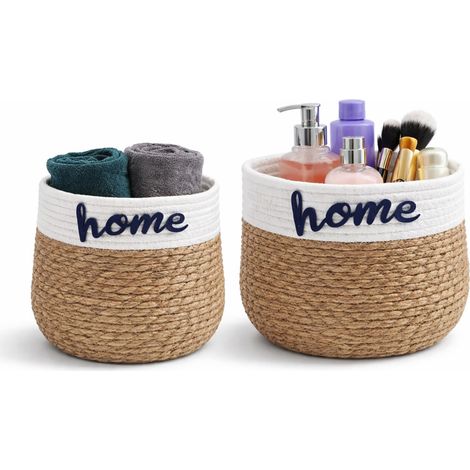 Set 2 cestini rotondi in corda impilabili da 24x21 cm e 30x24 cm - Cestini portaoggetti decorativi, organizer per camera, bagno (1/5)