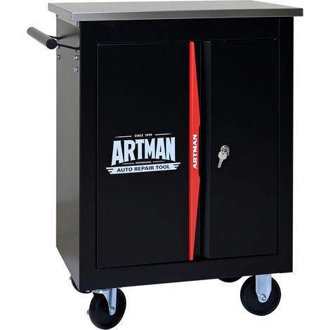 Carro de herramientas de doble puerta con cerradura, acero negro y rojo (1/5)