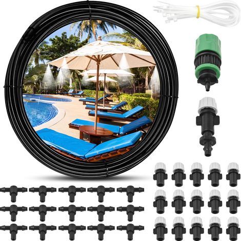 Wassernebel-Kühlsystem für den Außenbereich, 16 m Schlauch/16 Messing-Sprühdüsen/3/4"-Adapter, Sprühnebelanlage für Terrasse, Garten, Hinterhof, Gewächshaus, Trampolin (1/5)