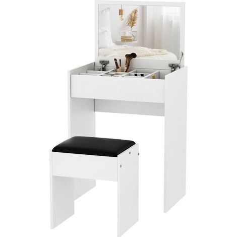 Coiffeuse, miroir pliable, MDF, blanc, 60,2×40,2×79 cm, 10 compartiments, tabouret, meuble de maquillage, chambre (1/5)