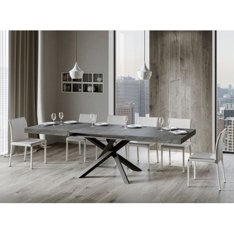 Les Tendances – Table extensible 8 à 12 personnes – gris béton – pieds entrelacés en acier anthracite – L 180 à 284 cm – épaisseur 8 cm (1/5)