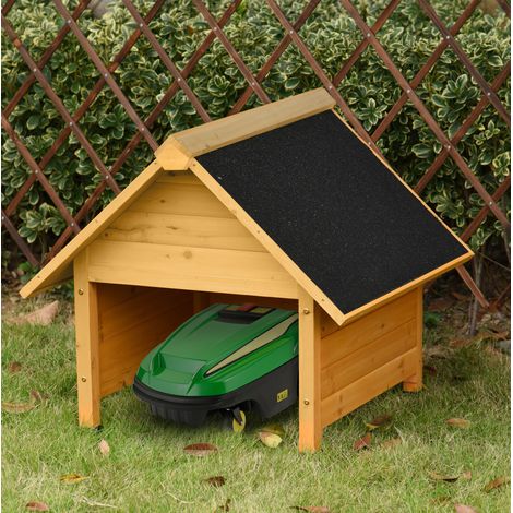 REDOM garage per robot tagliaerba 75x76x70 cm, tetto impermeabile con protezione UV, in legno giallo (1/5)