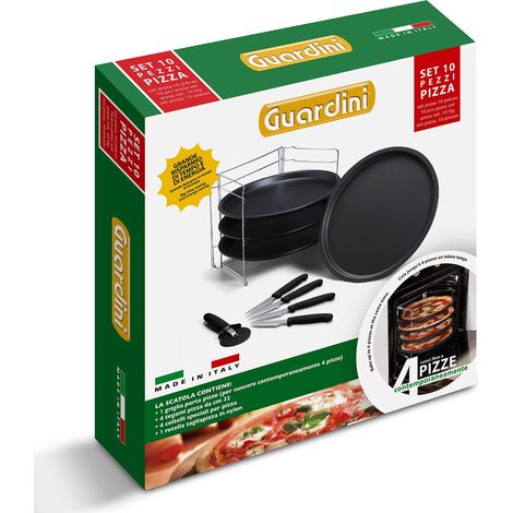 Guardini, Set 4 tegami pizza Ø 32 cm + 1 griglia porta tegami + 4 coltelli + 1 rotella tagliapizza, Acciaio con rivestimento antiaderente, Nero, Made in Italy, Linea Pizza&Mania (1/4)