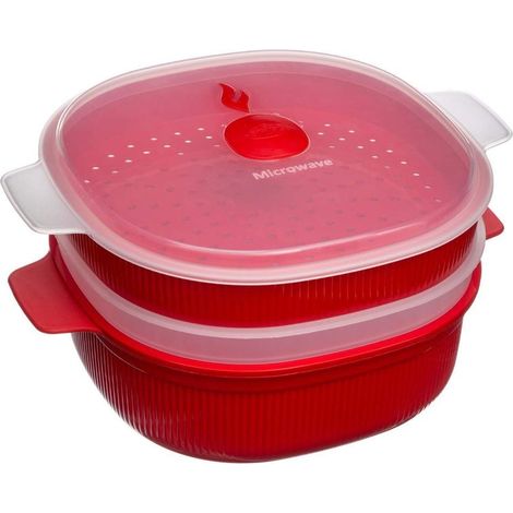 Snips - Vaporiera Microonde Rossa 4L con 2 Vassoi Sovrapponibili per Doppia Cottura a Vapore, Contenitori per Alimenti - Contenitore per Microonde, 26.5x22x13.5 cm, Made in Italy (1/5)