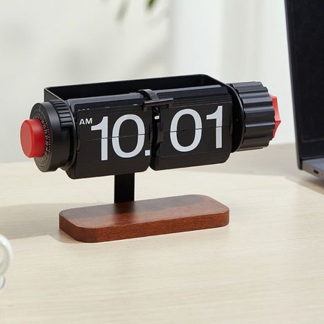 Retro-Holz-Automatikuhr mit Wecker – Umblätteruhr für Büro und Zuhause