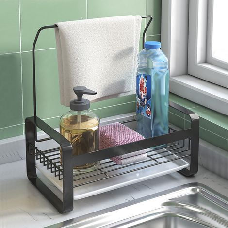 Évier en Inox Support Éponge avec Barre à Serviettes, Panneau Détachable pour Organiser Brosse, Éponge et Produit Vaisselle (Grand, Noir) (1/3)
