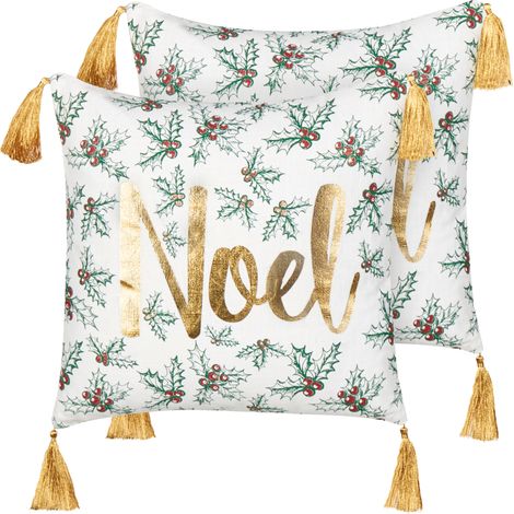 Conjunto de cojines de algodón estampado de Navidad 45 x 45 cm borlas blanco dorado Zamia