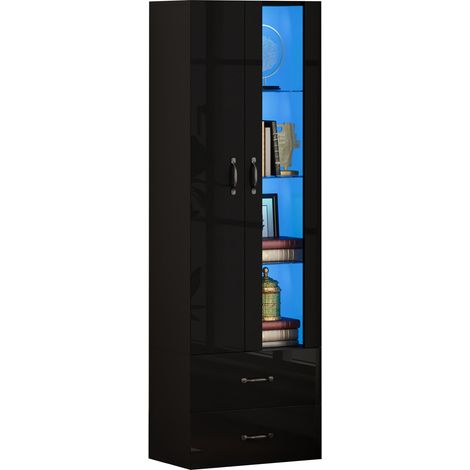 Vitrine LED noire 2 portes avec porte acrylique, 2 tiroirs et étagères, meuble haut gain de place pour salon, bureau ou chambre  CHICFURN (1/5)