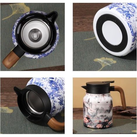 Théière isotherme en acier inoxydable 1000 ml avec motif floral rétro et filtre à thé intégré, pour usage domestique (1/5)