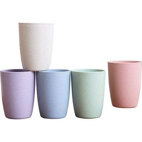 Lntyq Set mit 5 wiederverwendbaren, unzerbrechlichen, umweltfreundlichen Trinkbechern (301–400 ml), Becher aus Weizenstroh, gesunder Becher, mehrfarbig, spülmaschinenfest. (1/5)
