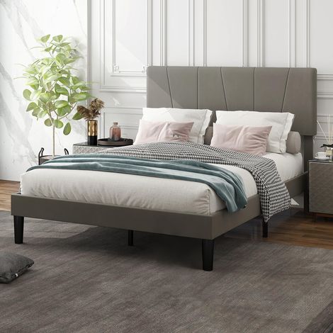 Double Bed Frame, Velvet-Feel Headboard, 196 x 145 x 120 cm, Grey (1/5)