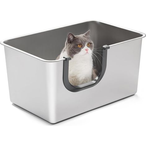 Stainless Steel U-Shaped Open Cat Litter Tray, Large Size 60 x 40 x 30 cm, Suitable for Senior, Cats and Overweight Cats (1/5)