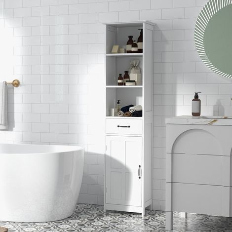 Mueble de baño tipo columna con 3 compartimentos abiertos, cajón y estante ajustable, 40 x 30 x 164 cm, blanco (1/5)