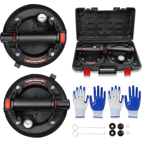 Lot de 2 ventouses en verre de 8 pouces avec manomètre, ventouse à vide pour carreaux et verre avec boîte à outils portable, ventouse à vide pour verre, carreaux et marbre, capacité de charge 200 kg (1/5)