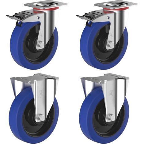 Lot de 4 roulettes pivotantes à frein et fixe caoutchouc EASYROLL® BLEU 100 mm charge - 540 Kg (1/4)