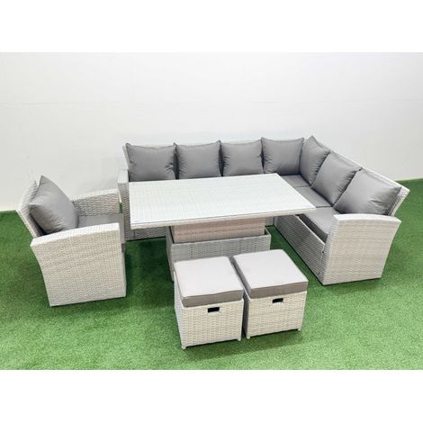 Fimous 9 Seat Rattan Garden Furniture Corner Sofa Set Outdoor Adjustable Lifting Dining or Coffee Table Set with 2 Small Footstools Light Grey (1/4)