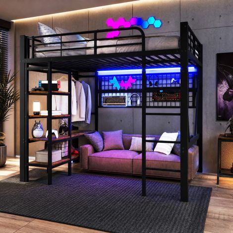 Lit mezzanine 140 x 200 cm en métal avec LED, étagère, barre de suspension, noir (1/5)