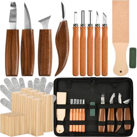 Lot de 23 Kit Sculpture Bois, Kit de Sculpture Sur Bois avec 5 Couteaux à Détails, 4 Couteaux à Sculpter, 9 Bois à Sculpter, Pâte à Polir, Gants (1/4)