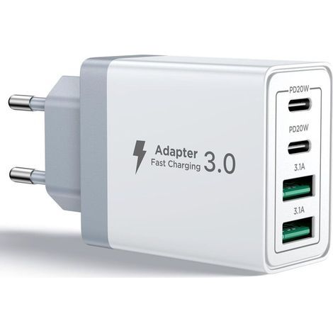 Cargador USB C, 40W Premio de 4 puertos USBC Cargador rápido para iPhone, Multi Sector PD+QC 3.1A Tipo C Adaptador para iPhone 16 15 14 13 12 11 Pro Max X XS XR 8 7 6S Plus Mini SE, iPad, Samsung Gala (1/4)