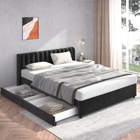 Lit coffre 180x200 avec 2 tiroirs velours noir HAVRYA (1/5)