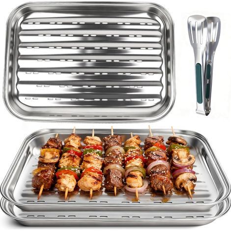 3-teiliges Grillplatten-Set aus Edelstahl mit Abflusslöchern und Grillzange für Fleisch, Gemüse und Fisch (1/5)