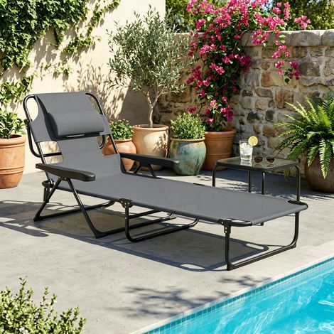 Chaise longue de jardin pliante, dossier réglable 4 niveaux, trou de lecture et appui-tête inclus, gris