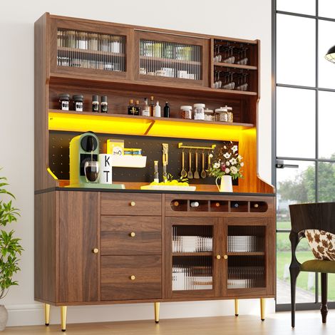 Buffet haut MDF et verre noyer 145 x 39 x 171 cm, LED USB par appli, étagères réglables, rangement à vin et porte-verres (1/5)