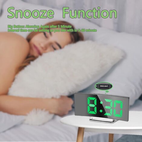 Sveglia Digitale da Camera 7" LED, Display a Specchio, Data, Luce Notturna, Funzione Snooze, Alimentazione USB, Memoria (Verde) (1/4)
